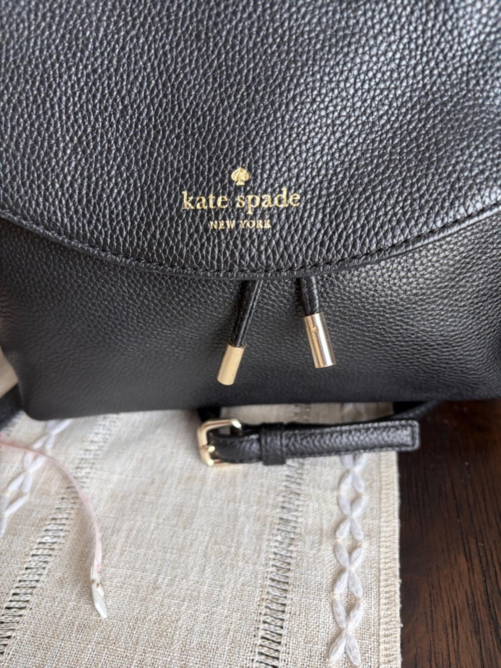 kate spade Black Pebbled Leather Drawstring Flap Backpack - Picture 8 of 11
